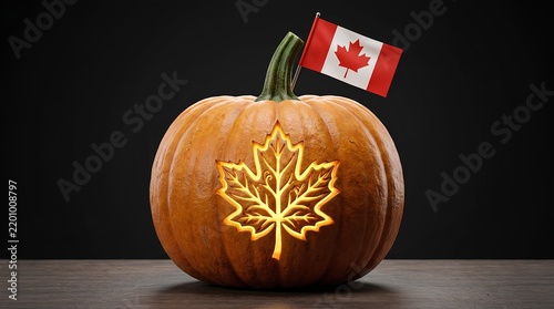 Carved pumpkin featuring a glowing maple leaf and a Canadian flag on top.