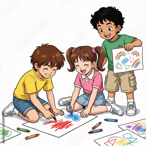 Three Kids Enjoying a Fun Drawing and Coloring Activity