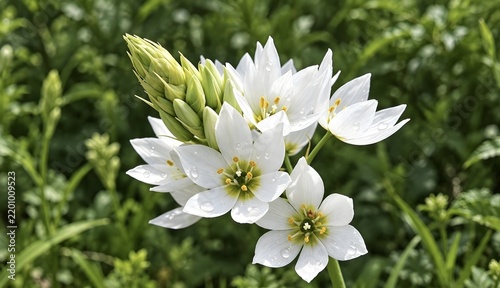 Elegant white star of Bethlehem flowers with morning dew in a green meadow photo