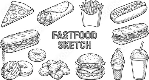 Vintage Fast Food Sketch Vector Set with Hand Drawn Etched Pizza Burger French Fries Donuts and Ice Cream Menu Elements