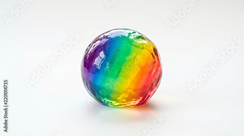 Rainbow colored translucent sphere toy rests on a neutral bright transparent studio background surface.