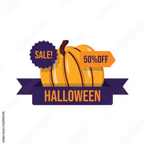 Halloween Sale 50 Percent Off Pumpkin Ribbon Badge Vector