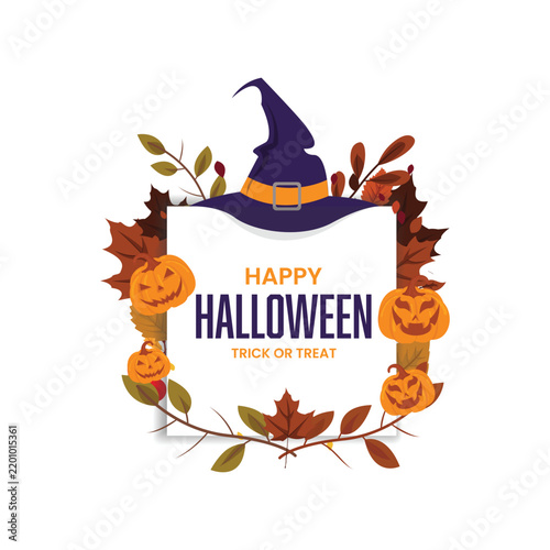 Happy Halloween Autumn Leaves and Witch Hat Square Frame Template