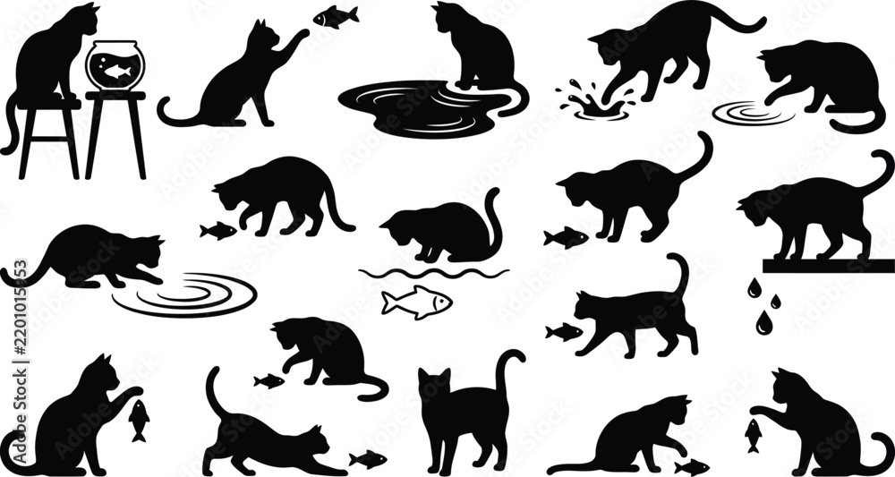Obraz premium Creative Cat Silhouette Collection with Unique Poses on White Background