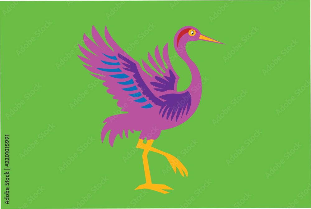 Obraz premium Vibrant illustration of a graceful purple crane with blue accents standing on one leg against a bright green background, showcasing elegance and natural beauty