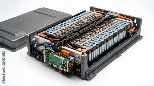 EV battery pack with exposed lithium ion cells, copper busbars, wiring harness and electronic controls for electric vehicle energy storage