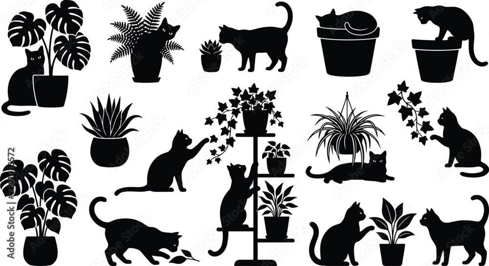 Fototapeta premium Creative Cat Silhouette Collection with Unique Poses on White Background