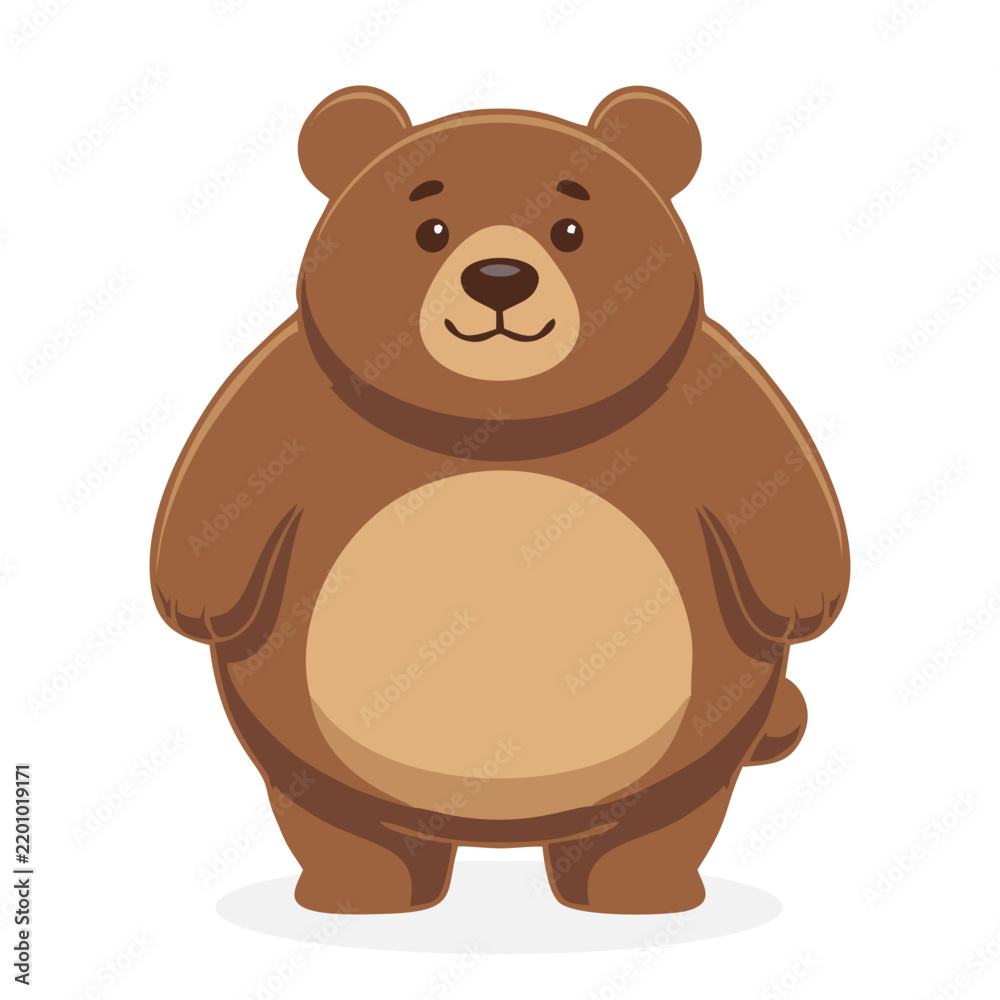 Obraz premium Cute chubby brown bear standing character vector illustration, friendly grizzly mascot isolated on white background.