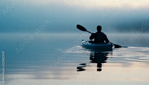 Silhouette of an adventurer kayaking on a serene, misty morning lake, reflecting peace.