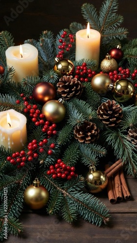 Christmas fir arrangement with gold ornaments and lit candles