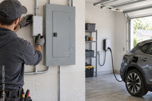 Electrician installing home EV charging equipment in residential