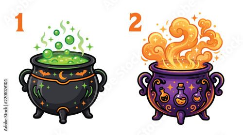 Two colorful witch cauldrons featuring bubbling green potion and swirling orange magic smoke for holiday designs