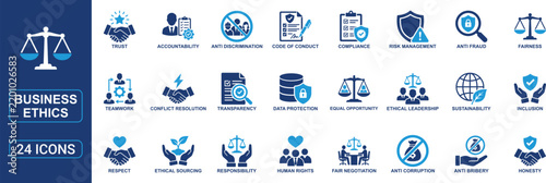 Business ethics solid icon set featuring trust, accountability, compliance, fairness, anti fraud, human rights, ethical leadership, sustainability, inclusion, transparency and corporate responsibility