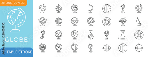 Globe Line Icon Set. Earth, Sphere, Tabletop, Meridian, Axis and World Map Outline Vector.Editable Vectors Illustration