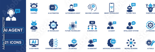 AI agent icon set featuring artificial intelligence, machine learning, neural networks, automation, chatbots, autonomous agents, smart technology, AI assistants and futuristic digital innovation