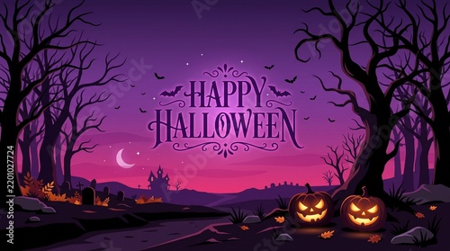 Happy halloween background with creepy trees and glowing jack o lanterns in a dark purple spooky forest