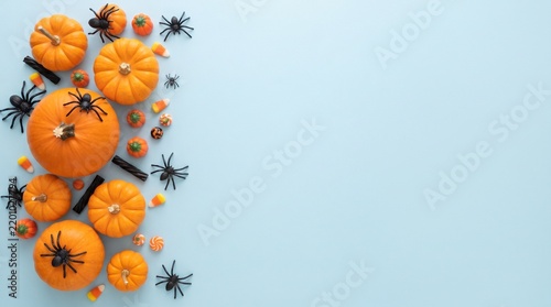 Flat lay composition of orange pumpkins and black spiders on a light blue background for halloween