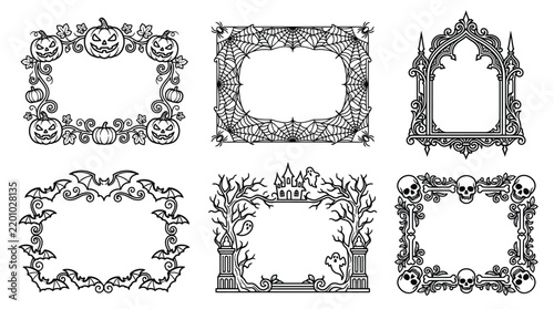 Decorative halloween frames collection featuring spooky pumpkins spiderwebs gothic arches bats haunted houses and scary skulls