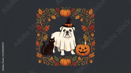 Cute bulldog dressed as ghost with black cat and pumpkins in autumnal floral frame.