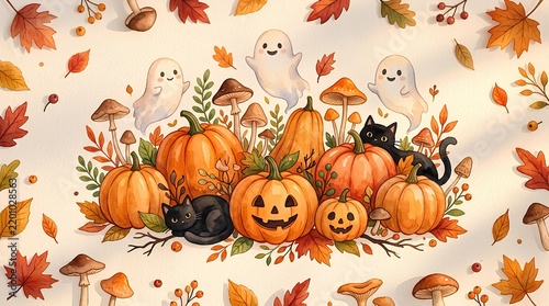 Cute autumn Halloween scene with ghosts, pumpkins, and black cats among fall leaves and mushrooms.