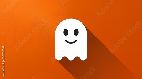 Cute cartoon white ghost icon with long shadow on vibrant orange background.