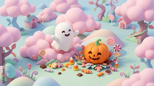 Cute cartoon ghost and smiling jack o lantern pumpkin in a pastel candy cloud landscape.