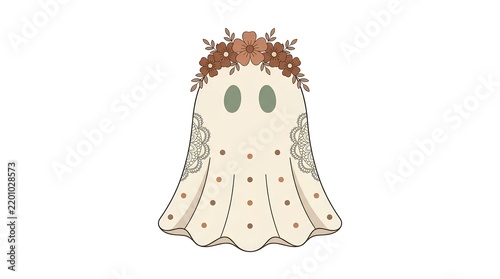 Cute bohemian ghost illustration with flower crown and lace details on white background