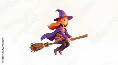 Cute cartoon witch flying on a wooden broomstick over white background.