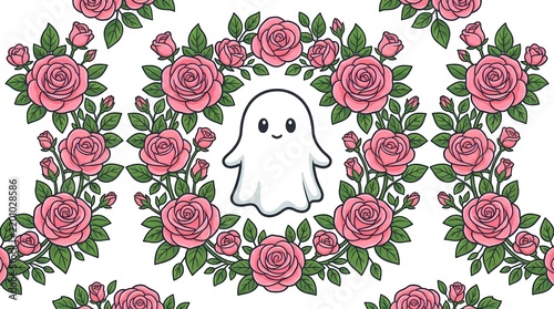Cute ghost and pink rose floral seamless pattern background.