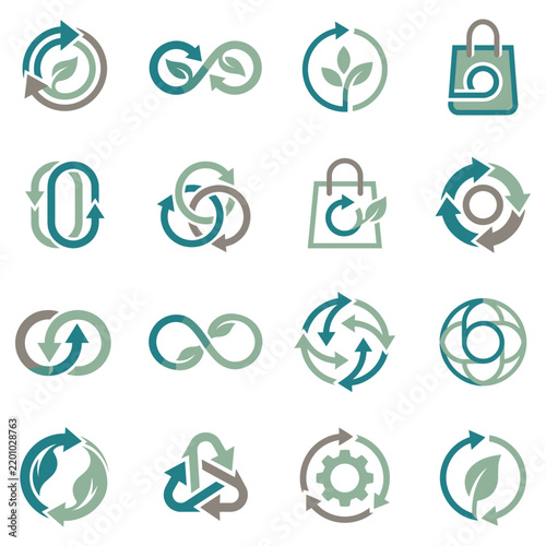 Modern Sustainable Ecology Symbol Collection and Circular Economy Graphic Elements with Green Leaves