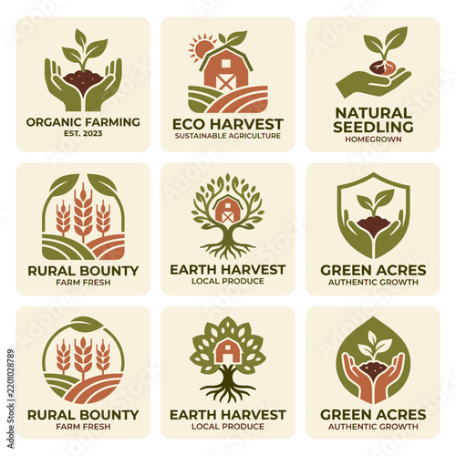 Organic Farming and Sustainable Agriculture Flat Vector Emblem Collection for Eco Branding and Labels