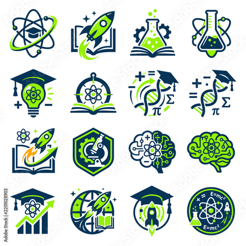 STEM Education Logo Collection Featuring Science Technology Engineering and Mathematics Symbols