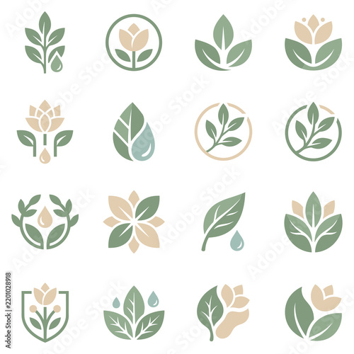 Collection of minimalist organic botanical leaf and flower icons for natural skincare and beauty branding