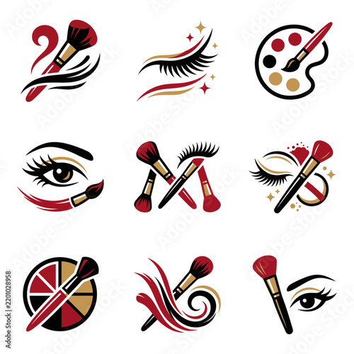 Professional Beauty Salon Graphic Elements with Makeup Brushes Eyelashes and Palette Icons on White