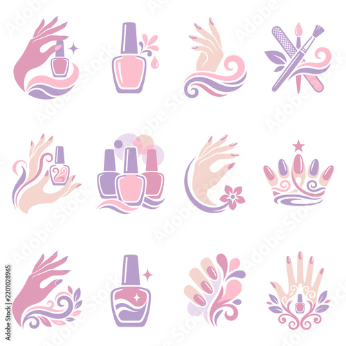 Elegant Nail Salon Logo Collection with Manicure Tools, Polish Bottles, and Beautiful Hand Icons