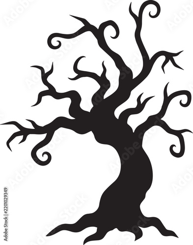 Black silhouette of a spooky twisted leafless tree with curved branches for halloween designs
