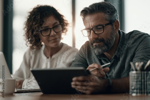 Two professionals wearing glasses review a tablet together in a modern office, collaborating intently on work.