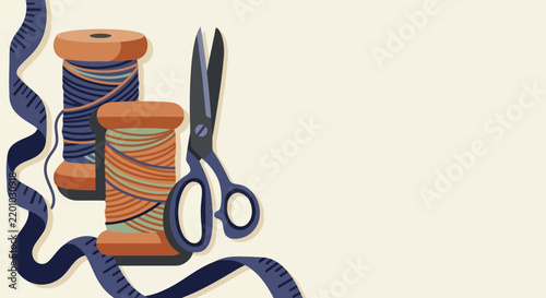 sewing tools including spools of thread scissors and measuring tape on light background