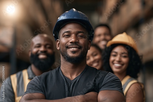Smiling group of diverse warehouse workers in hard hats and safety gear posing confidently in an industrial storage or distribution setting.