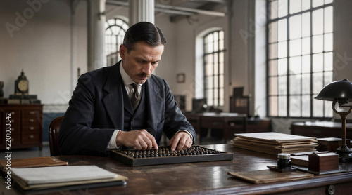 Historical Accountant Using Abacus at an Old Wooden Desk