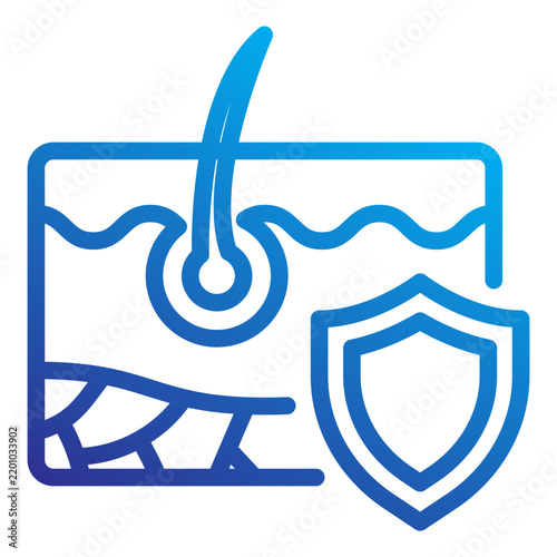 Blue gradient line icon of skin cross-section with hair follicle and protection shield, representing advanced dermatology, anti-aging science, skin barrier repair, and cellular longevity research.