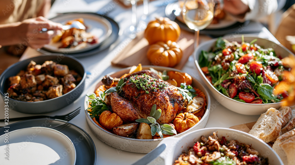 Fototapeta premium A delightful thanksgiving potluck spread full of warmth and flavors shared among friends and family Generative AI