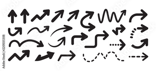 Diverse hand drawn black arrow doodles with dotted lines wavy paths and zig zag directional pointers.
