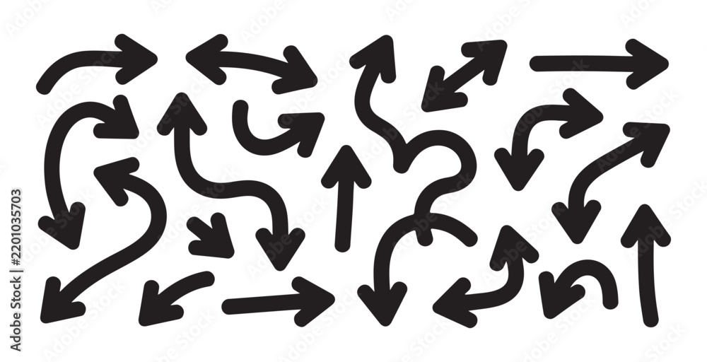 Fototapeta premium Drawn arrow set containing various black hand sketched doodle shapes useful for web design decoration.