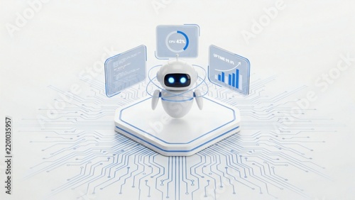 Robot on cpu chip with futuristic data screens