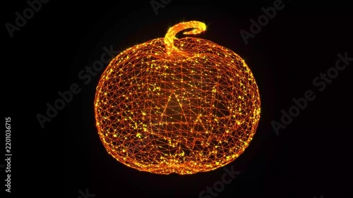 Glowing Halloween Pumpkin Made of Golden Particles and Wireframe, 4K Seamless Loop