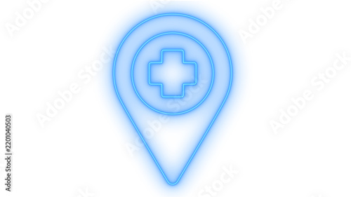 Glowing neon hospital location pin icon isolated on transparent background. Medical cross marker. Clinic navigation. Map pointer. Emergency sign.