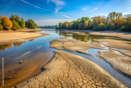 Dried Riverbed with Cracked Earth and Shallow Water Under a Blue Sky drought climate change