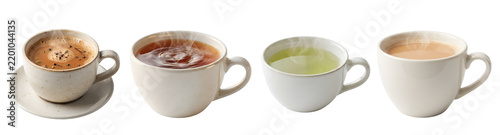 Four ceramic cups filled with hot aromatic black tea green tea masala chai and milky tea isolated against the clean white studio space on transparent background