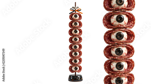 Halloween eyeball skewer made from salami, mozzarella, and olives, with a close-up view on a white background.